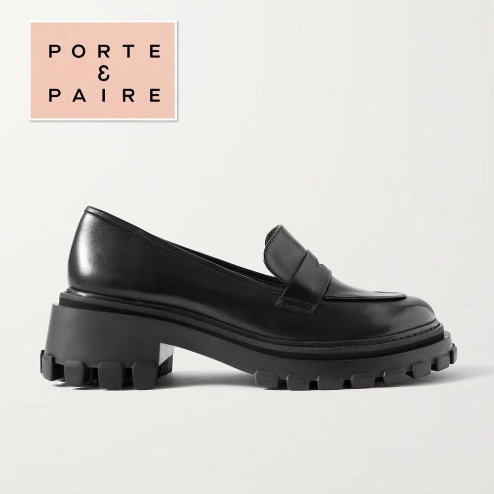 Porte & Paire Net Sustain Black Leather Penny Loafers Chunky Lug Sole 37 7